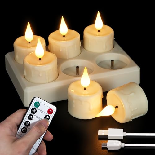 FREEPOWER 6er LED Teelichter Aufladbar mit Ladestation und USB-Kabel, Elektrische Kerzen Flackern mit Fernbedienung Timer Dimmbar, Warmweiß, Familie Urlaub Deko, Ø4 x 5.5cm von FREEPOWER