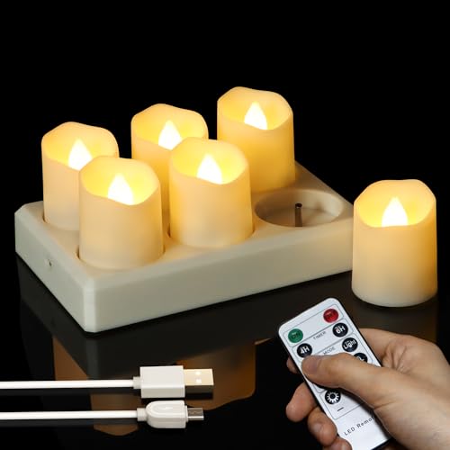 FREEPOWER 6er LED Teelichter Wiederaufladbar mit Ladestation, Elektrische Aufladbare Kerzen USB mit Fernbedienung Timer Flackern Dimmbar Warmweiß, Halloween Weihnachten Deko, Ø4 x 4.5cm von FREEPOWER