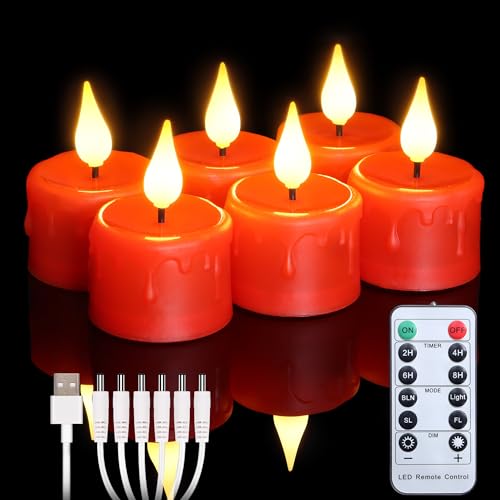 FREEPOWER 6er Rote LED Teelichter Wiederaufladbar mit Fernbedienung Timer Flackern Dimmbar Warmweiß Elektrische Kerzen Aufladbar mit USB Kabel, Halloween Weihnachten Familie Deko, Ø4x5,5cm von FREEPOWER