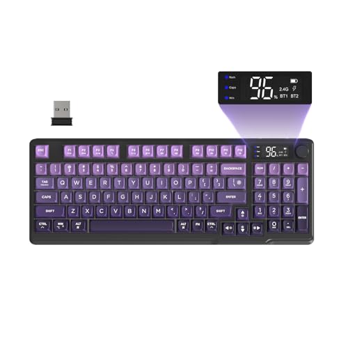 FREEWOLF M96 Kabellose Membran Gaming-Tastatur, Knopfsteuerung Bluetooth/2,4 G Kabellose, Mechanische Gefühl, LED-Backlit, Display, PBT-Tastenkappe, 3000 mAh, Win/Mac, QWERTY - Traubenlila FREEWOLF M96 Kabellose Membran Gaming-Tastatur, Knopfsteuerung Bluetooth/2,4 G Kabellose, Mechanische Gefühl, LED-Backlit, Display, PBT-Tastenkappe, 3000 mAh, Win/Mac, QWERTY - Traubenlila von FREEWOLF