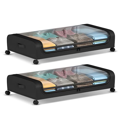 Under Bed Storage Bins 2 Pack | Clear PVC Lid & Wheels for Easy Access | 33kg Capacity Protected Organizer for Clothes/Toys/Bedding | Portable Handle & Dual Fastener (Black) von FRELEAN