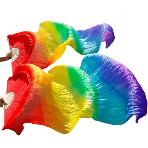 Bauchtanz Fächer 1 Paar Bauchtanz-Schleierfächer aus echter/imitationer Seide, Bambus, handgefertigt, gefärbt, Performance-Bauchtanz-Fächer aus Naturseide(Black,280x90cm Real Silk) von FREOJGU