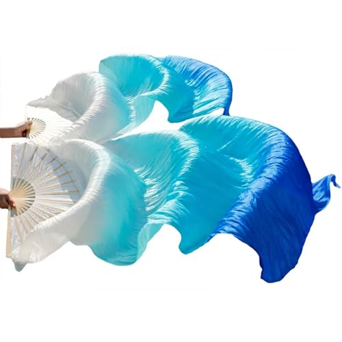 Bauchtanz Fächer 1 Paar Bauchtanz-Schleierfächer aus echter/imitationer Seide, Bambus, handgefertigt, gefärbt, Performance-Bauchtanz-Fächer aus Naturseide(Blue,120x90cm Real Silk) von FREOJGU