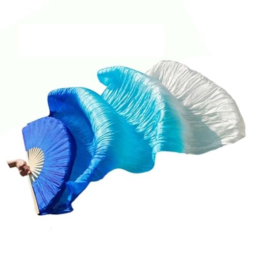 Bauchtanz Fächer 1 Paar Bauchtanz-Schleierfächer aus echter/imitationer Seide, Bambus, handgefertigt, gefärbt, Performance-Bauchtanz-Fächer aus Naturseide(Lake Blue,180x90cm Real Silk) von FREOJGU