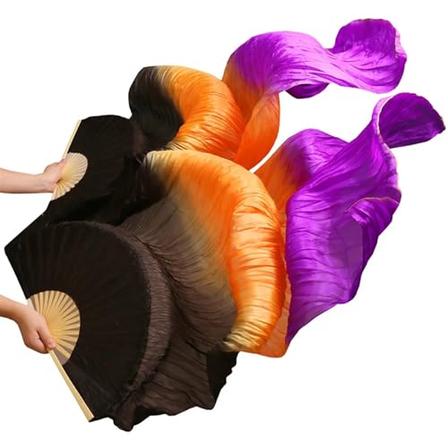 Bauchtanz Fächer 1 Paar Bauchtanz-Schleierfächer aus echter/imitationer Seide, Bambus, handgefertigt, gefärbt, Performance-Bauchtanz-Fächer aus Naturseide(Purple,120x90cm Real Silk) von FREOJGU