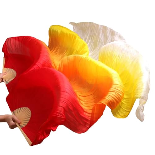Bauchtanz Fächer 1 Paar Bauchtanz-Schleierfächer aus echter/imitationer Seide, Bambus, handgefertigt, gefärbt, Performance-Bauchtanz-Fächer aus Naturseide(Red,230x90cm Real Silk) von FREOJGU