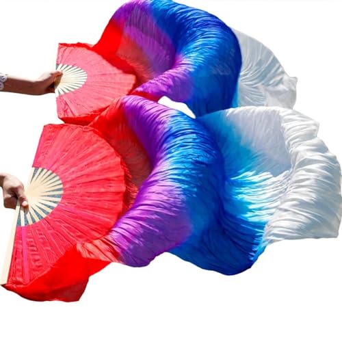Bauchtanz Fächer Bauchtanz-Schleier-Fächer aus echter Seide/Kunstseide, Bambusrippen, handgefertigt, gefärbter Performance-Fächer, Bauchtanz-Seide(15b,M-150x90cmReal Silk) von FREOJGU