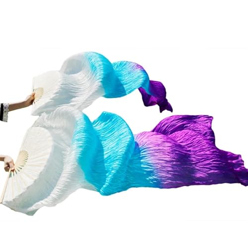 Bauchtanz Fächer Bauchtanz-Schleier-Fächer aus echter Seide/Kunstseide, Bambusrippen, handgefertigt, gefärbter Performance-Fächer, Bauchtanz-Seide(22c,M-150x90cmReal Silk) von FREOJGU