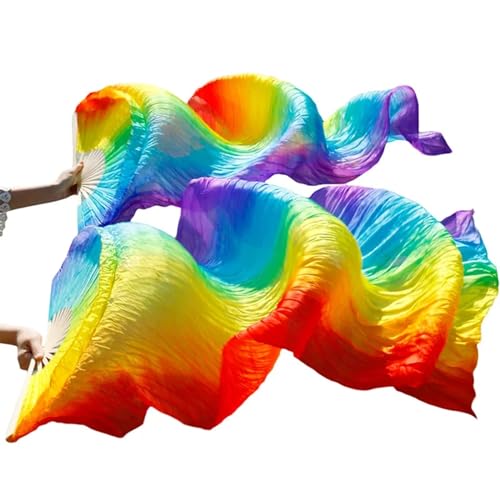Bauchtanz Fächer Bauchtanz-Schleier-Fächer aus echter Seide/Kunstseide, Bambusrippen, handgefertigt, gefärbter Performance-Fächer, Bauchtanz-Seide(7b,XL-230x90cmReal Silk) von FREOJGU