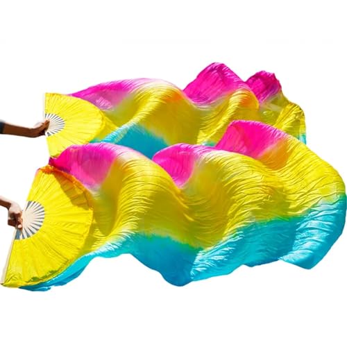 Bauchtanz Fächer Bauchtanz-Schleier-Fächer aus echter Seide/Kunstseide, Bambusrippen, handgefertigt, gefärbter Performance-Fächer, Bauchtanz-Seide(9c,XL-230x90cmReal Silk) von FREOJGU