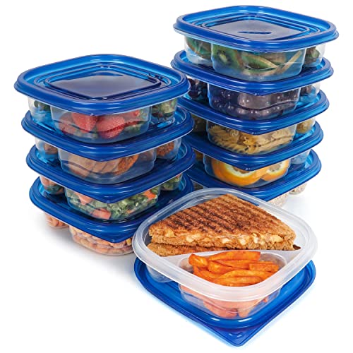 FRESHLY CONTAINED 10Stk x 2 Fächer Frischhaltedosen mit Deckel Kunststoff - 620ml Mehrweg Bento Box Plastikbehälter mit Deckel BPA-Frei - Brotdosen Stapelbar für Einfrieren/Mikrowellen/Spülmaschine von FRESHLY CONTAINED