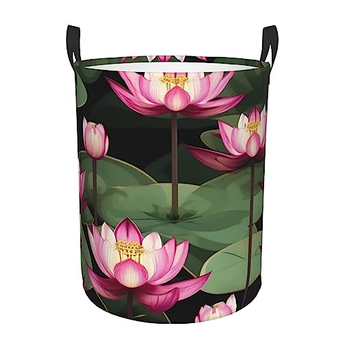 Asiatischer Lotu-Blumen-Wäschekorb, einlagig, rund, vielseitig, für Badezimmer, mit praktischen Griffen von FRESQA