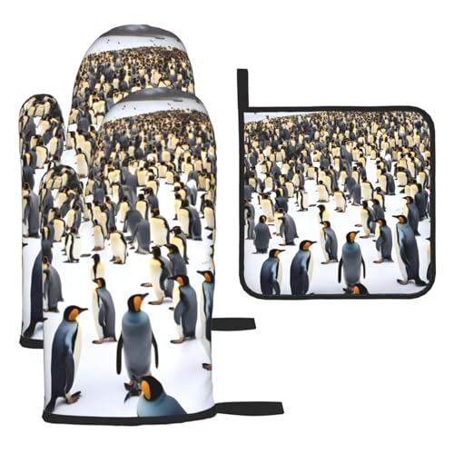 Küchen-Backset, Motiv: Pinguine im Schnee, hitzebeständige Ofenhandschuhe und Topfdeckel-Pad, unverzichtbares Backgeschirr-Werkzeugset von FRESQA