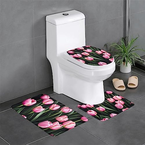 FRESQA Flanell-Bodenmatte, dreiteilig, saugfähig, ultraweich, für Badewanne, Badezimmer, Rosa und Tulpen von FRESQA