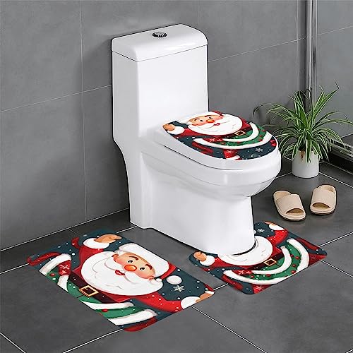 FRESQA Frohe Weihnachten Weihnachtsmann-Flanell-Bodenmatte, dreiteiliges Set, saugfähig, ultraweich, für Badewanne, Badezimmer von FRESQA
