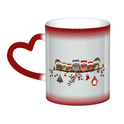 FRESQA Süße Weihnachts-Eulen auf Ast, magisch, wärmeempfindlich, Farbwechsel, Keramiktasse, temperaturempfindliche Tasse von FRESQA