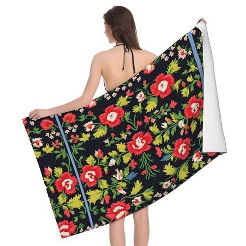 FRESQA Ukrainische Stickerei Stil Rose Microfiber Badetuch–super saugfähiges Badetuch mit luxuriöser Weichheit und hellen Drucken von FRESQA