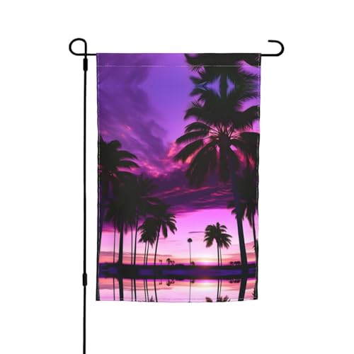 Palmen-Gartenflaggen mit violettem Sonnenuntergang-Druck, für alle Jahreszeiten, exquisite Dekoration für Ihr Zuhause von FRESQA