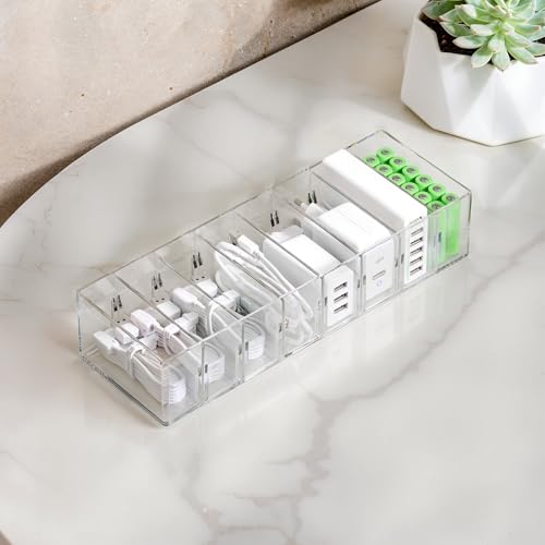 FRETONBA Kabel Aufbewahrungsbox, Klein Kabel Organizer Box mit 7 Fächer und 7 Kabelbindern für die Aufbewahrung auf dem Schreibtisch, Büro, Transparent von FRETONBA