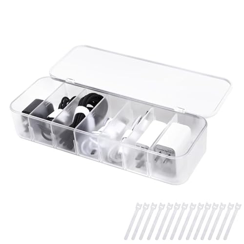 FRETONBA Kabel Aufbewahrungsbox, Transparent Kabel Organizer Box mit 7 Fächer und 7 Kabelbindern für die Aufbewahrung auf dem Schreibtisch, Büro von FRETONBA
