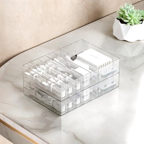 FRETONBA Kabel Aufbewahrungsbox 2 Stück, Groß Kabel Organizer Box mit 7 Fächer und 14 Kabelbindern für die Aufbewahrung auf dem Schreibtisch, Büro, Transparent von FRETONBA