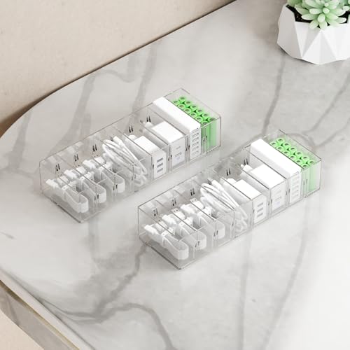 FRETONBA Kabel Aufbewahrungsbox 2 Stück, Klein Kabel Organizer Box mit 7 Fächer und 14 Kabelbindern für die Aufbewahrung auf dem Schreibtisch, Büro, Transparent Datenkabel-Organisator von FRETONBA