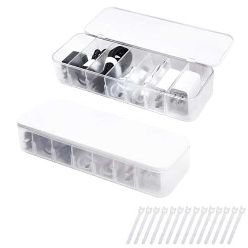 FRETONBA Kabel Aufbewahrungsbox 2 Stück, Transparent Kabel Organizer Box mit 7 Fächer und 14 Kabelbindern für die Aufbewahrung auf dem Schreibtisch (Büro) von FRETONBA