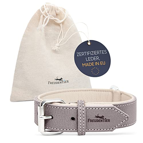 FREUDENTIER® Hundehalsband aus Leder, Made in Holland, gefüttert & super komfortabel, hochwertiges breites Lederhalsband aus Vollnarbenleder, Model “Amstelpark” (27.5-38cm Halsumfang, Graubraun) von FREUDENTIER