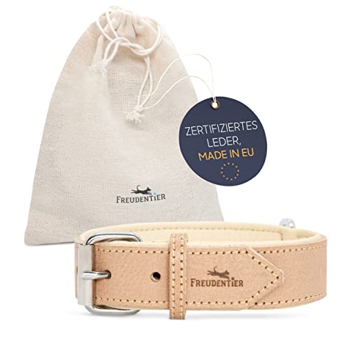 FREUDENTIER® Hundehalsband aus Leder, Made in Holland, gefüttert & super komfortabel, hochwertiges breites Lederhalsband aus Vollnarbenleder, Model “Amstelpark” (32-42cm Halsumfang, Sand) von FREUDENTIER