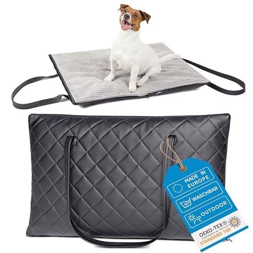 FREUDENTIER Faltbare Outdoor Hundematte | Gestepptes Kunstleder mit Cord Liegefläche | Waschbar, Wasser- und Schmutzabweisend | Hundedecke für unterwegs, Made in EU (95x70cm Liegefläche) von FREUDENTIER