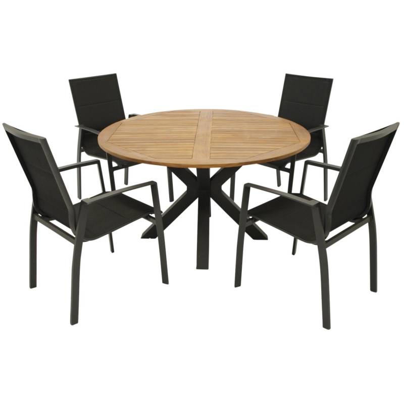 Garnitur 5-teilig, Aluminium/Stahl, Akazie, Kunstgewebe schwarz von FRG