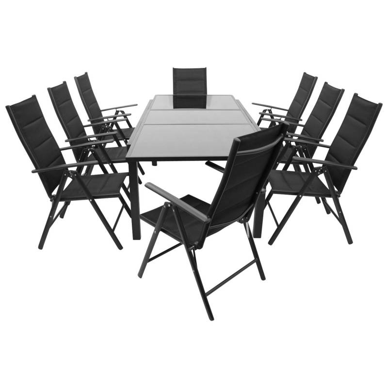 Garnitur 9-teilig, Aluminium, Kunstgewebe schwarz, Glasplatte von FRG