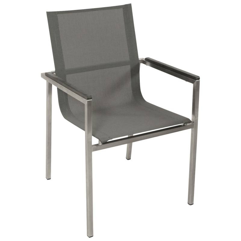 Stapelsessel Edelstahl poliert + Kunstgewebe anthrazit, Armlehnen Kunstholz grau, 4-er Set von FRG