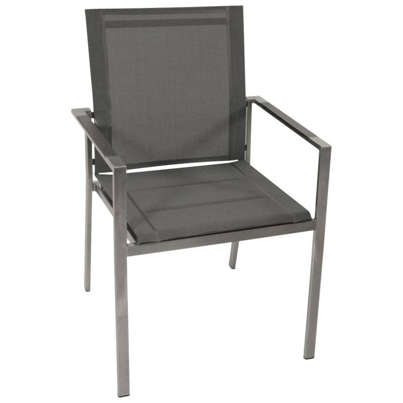 Stapelsessel Edelstahl poliert + Kunstgewebe gepolster anthrazit, Armlehnen Kunstholz grau, 4-er Set von FRG