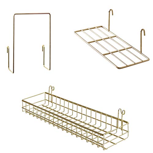 FRIADE Goldener Gitterkorb mit Haken, Bücherregal, Ausstellungsregal für Wandgitter, Wandhalterung, Organizer und Aufbewahrungsregal für Heimbedarf, 1 Set von 3 (Gold) von FRIADE