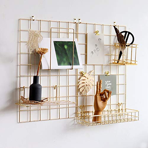 FRIADE Wandgitter-Panel für Foto-Display, Wandaufbewahrung, Organizer, 5 Metall-Clips & 3 S-Haken 4 Nägel Kunststoff-Hänge-Schnallen und Schrauben erhältlich, Größe 44,5 x 30 cm, 2 Stück (Gold) von FRIADE