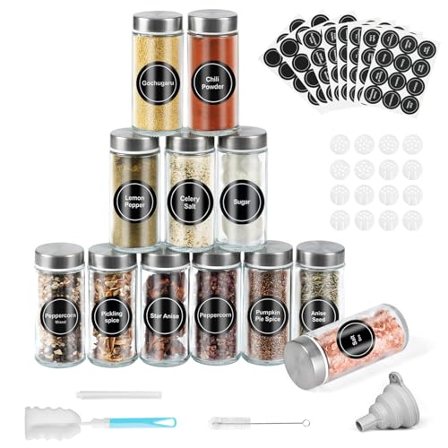 FRIBERG Gewürzgläser Rund 12er Set, 120ml Gewürzdosen Glas Gewürzstreuer mit Schraubkappe, Gewürzbehälter Gewürze Aufbewahrung mit Streueinsatz, Etiketten, Trichter, Bürste von FRIBERG
