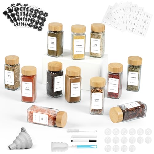 FRIBERG Gewürzgläser Eckig Set Mit Holzdeckel (12 X 120ml) Gewürzbehälter Und 160 Etiketten - Gewürzstreuer, Gewürzdosen, Gewürze Organizer [11cm X 4,3cm] von FRIBERG