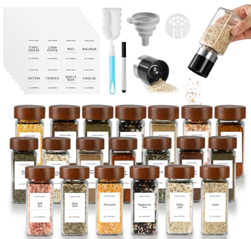 FRIBERG Gewürzgläser Eckig Set 20er,Gewürzstreuer Glas mit Holzdeckel 120ml,mit 2 gewürzmühle zur Lagerung von Gewürzen,Gewürzdosen,Gewürzbehälter mit Gewürzetiketten,Spice Jars von FRIBERG