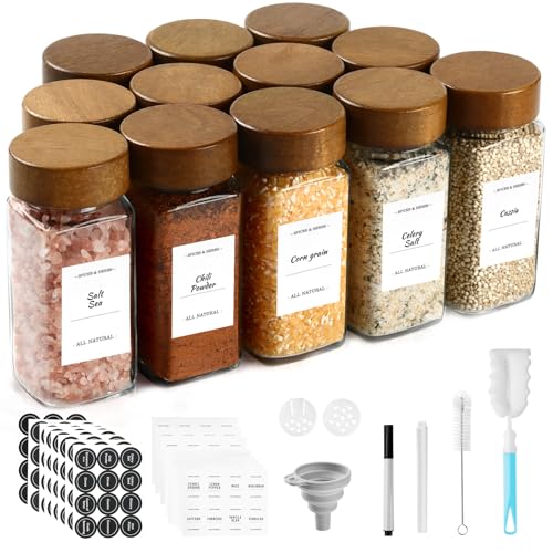 SXTIHD Gewürzgläser aus Glas und Holz, 12×120 ml Gewürzglas-Set mit Akazienholzdeckel Aufbewahrungsbehälter für Gewürze, Etikett von SXTIHD