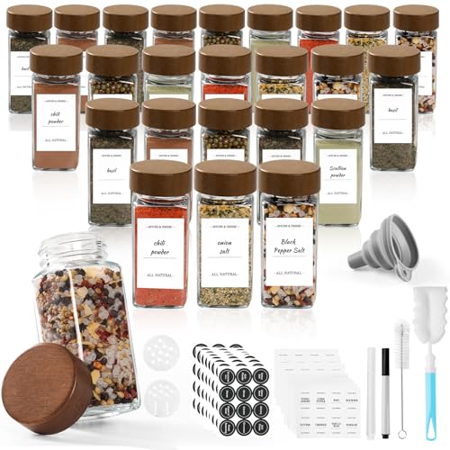 SXTIHD Gewürzgläser aus Glas und Holz, eckig, 24 × 120 ml Gewürzgläser-Set mit Akazienholzdeckel Aufbewahrungsbehälter für Gewürze, Etikett von SXTIHD