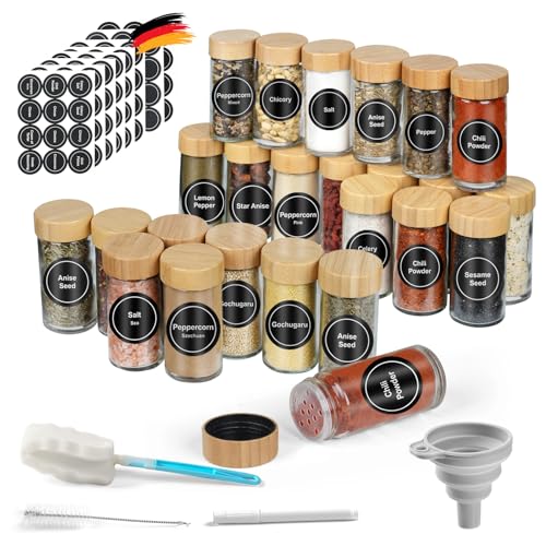 FRIBERG 24 Gewürzgläser Set mit Deckel,100ml Gewürzdosen mit Etiketten auf Deutsch,Gewürzstreuer Spice Jars Gewürzbehälter mit Trichter mit Streueinsatz,Leeren Aufklebern, Sieben[9,5cm x 4,5cm] von FRIBERG