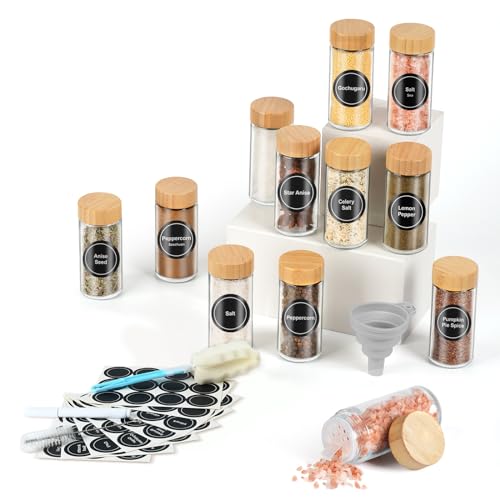 FRIBERG Gewürzgläser Rund Set,gewürzgläser mit holzdeckel[12x 120ml] gewürzstreuer,Gewürzbehälter, Gewürzdosen, Gewürze organizer von FRIBERG