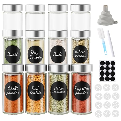 FRIBERG Gewürzgläser Rund aus Glas(12 x 100ml) mit Edelstahldeckeln,Gewürzstreuer Spice Jars Gewürzbehälter mit Trichter, Leeren Aufklebern, Reinigungsbürste, Sieben von FRIBERG