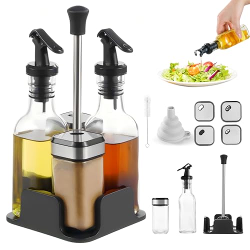 SXTIHD Öl- und Essigflasche 200 ml*2 & Gewürzbehälter 120 ml*2, 5-in-1-Öl- und Essigset, Pfefferstreuer mit Trichter und harter Bürste (transparent) von SXTIHD