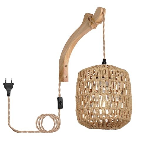 FRIDEKO HOME Wandlampe mit Schalter und Stecker Vintage,Wandleuchte Holz Innen Boho Rattan Lampenschirm Hängelampe,300cm Kabel E27 Fassung für Schlafzimmer Wohnzimmer Flur (Ohne Glühbirne) von FRIDEKO HOME