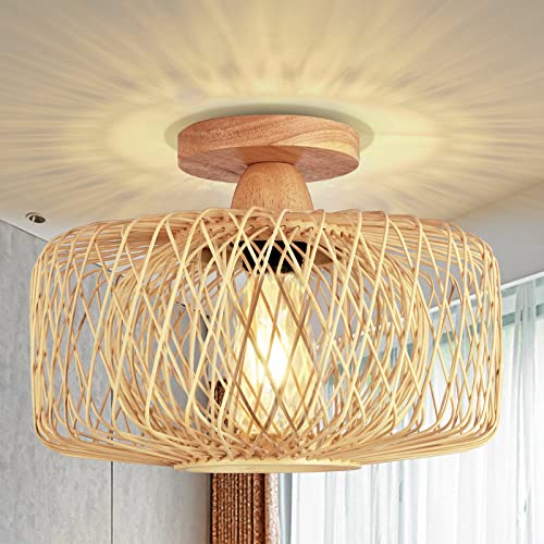 FRIDEKO HOME Deckenleuchte Vintage Bambus - Deckenlampe Holz Lampenschirm Hängelampe E27 Lampenfassung Boho Rattan Lampe Ø30cm Hängeleuchte für Küche Flur Wohnzimmer Schlafzimmer Esszimmer von FRIDEKO HOME