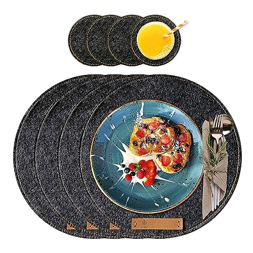 FRIHET® Tischsets & Glasuntersetzer | Platzsets in grau | runde Platzdeckchen aus Filz | im 8er Set - Platzsets abwaschbar & hitzebeständig | Tischuntersetzer/Untersetzer Teller von FRIHET