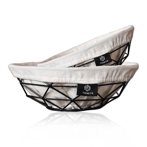 FRIHET 2-in-1 Brotkorb modern | Obstschale | Metall | 2er Set | waschbare Einlage aus 100% Baumwolle | rund | schwarz | Aufbewahrungskorb | Gr. 1: Ø 20 cm x H 8 cm, Gr. 2: Ø 26 cm x H 9 cm von FRIHET