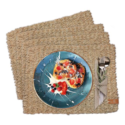 FRIHET Tischset eckig - Seegras geflochten (4er Set) Platzset 40x30cm, Natur Tischdeko, Tischsets Platzsets abwischbar, Platzdeckchen Esstisch, Hygge Skandi Boho von FRIHET